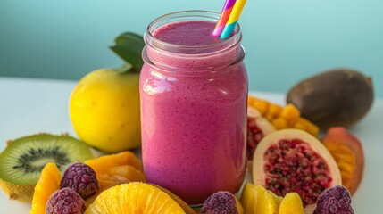 A mason jar filled with a pink smoothie surrounded by fresh fruit, including kiwi, raspberries, mango, and papaya.