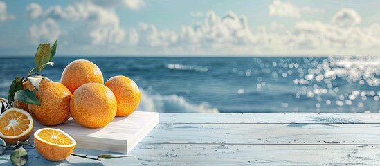 Fresh oranges displayed on a white wooden board against a scenic sea backdrop providing a copy space image ideal for food and drink promotions during the sunny summer season