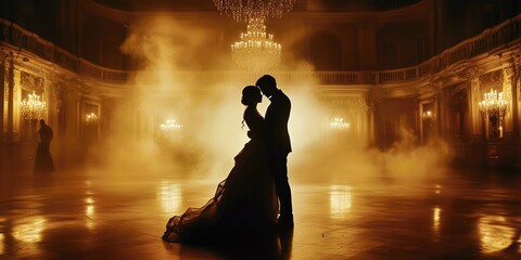 couple sharing a dance in a luxurious ballroom with chandeliers, warm golden lighting casting a soft glow