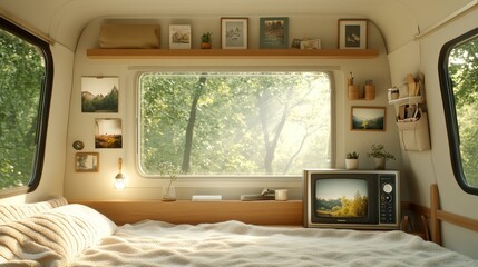 A vintage TV in a camper van, cozy blankets, travel photos on the wall, small window with sunlight streaming in, very realistic