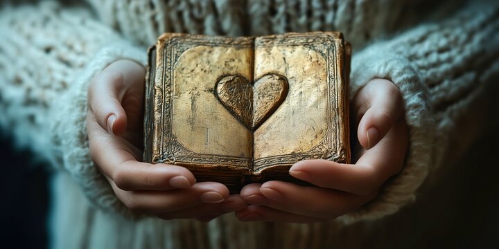 Hands holding a vintage, gold-toned book with a heart-shaped engraving on its cover