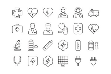 Minimalistic Line Art Medical and Energy Icons Vector Illustration