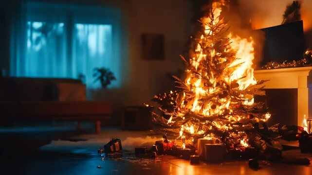 Warning Living Room Fire Hazard as Christmas Tree Goes Up in Flames during the Holiday Season