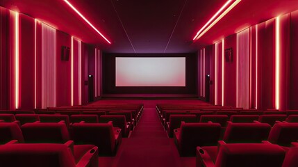Fototapeta premium An empty cinema hall with plush red seats and a large screen, ready for the next big movie screening, set against white