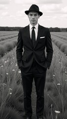 A retro-styled gentleman in suit and hat stands in a sprawling field