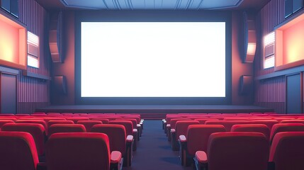 Obraz premium An empty cinema hall with plush red seats and a large screen, ready for the next big movie screening, set against white