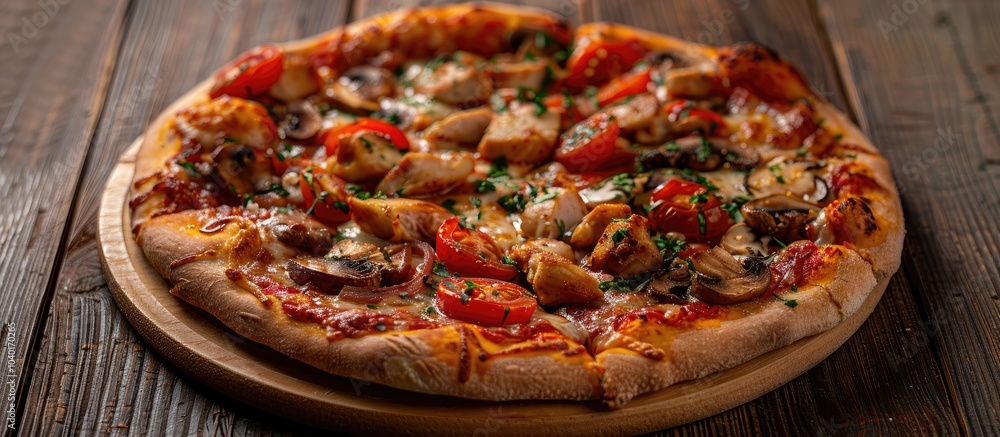 Poster a close up image of a pizza with chicken mushrooms and tomato slices on a wooden surface with copy s
