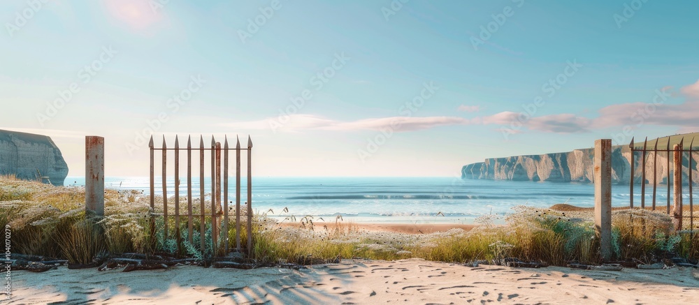 Poster an image of a metal fence with a serene beach and bright cliffs in the background set against a clea