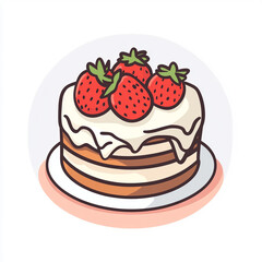 A simple icon of an open cake with chocolate and strawberries on top. 
