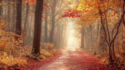 Obraz premium A misty path winds through a vibrant autumn forest, with golden and red leaves covering the ground.