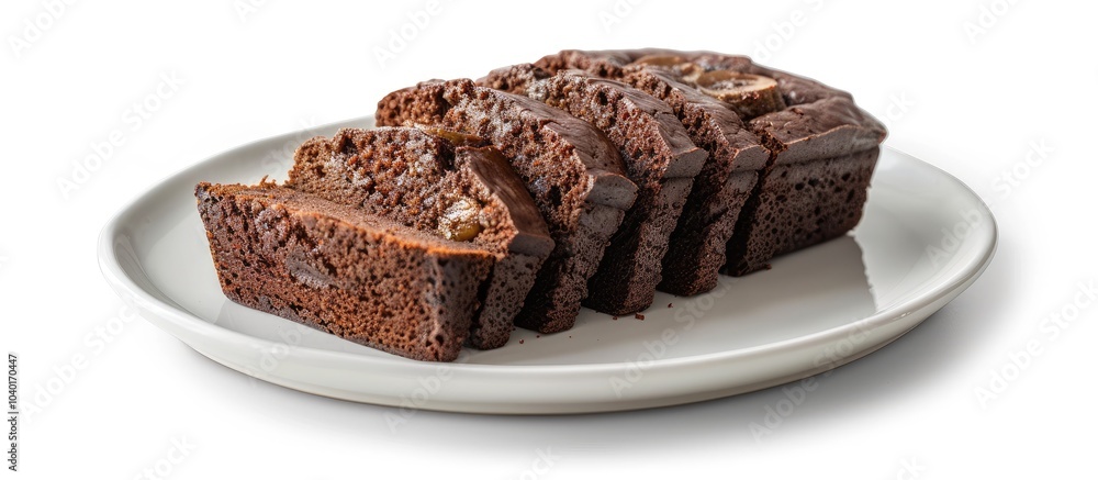 Poster chocolate banana bread displayed on a plate against a white background with copy space image