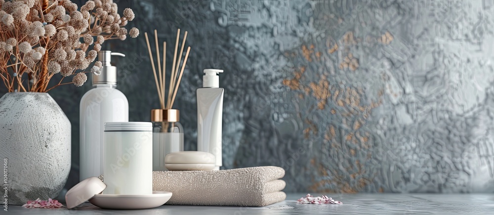Poster spa products arranged neatly on a gray table with ample copy space image