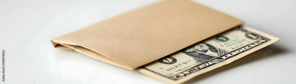 Poster plain envelope slightly open revealing currency inside on glossy white background close up side angl