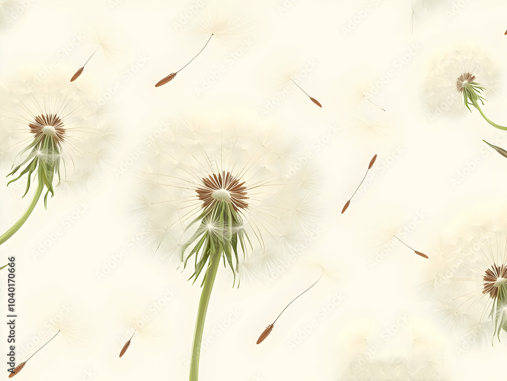 Poster seamless flat white dandelion seed tiles pattern - minimalist design illustrating floating seeds sym