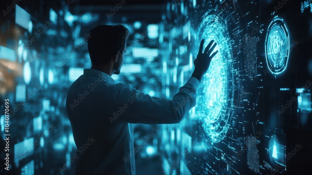 Poster man touch ai auto chat bot. big data center storage.digital artificial intelligence technology disru