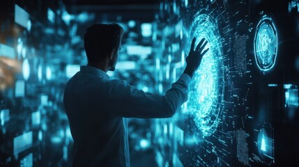 man touch ai auto chat bot. Big data center storage.Digital Artificial Intelligence technology disruption concept. We are implementing storage technology support and service in the business.