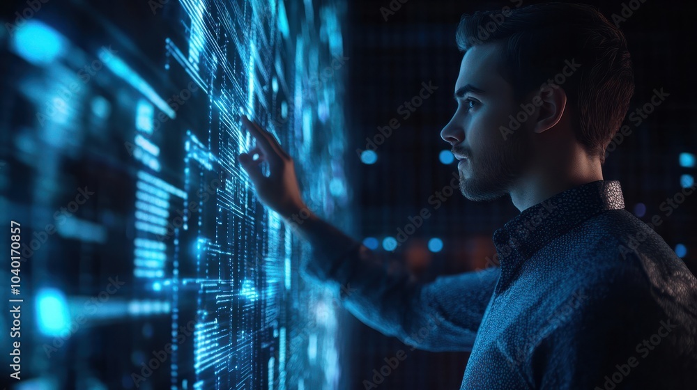 Poster man touch ai auto chat bot. big data center storage.digital artificial intelligence technology disru