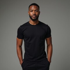 A confident African-American model showcases the flexibility of a fitted black tee on a neutral backdrop