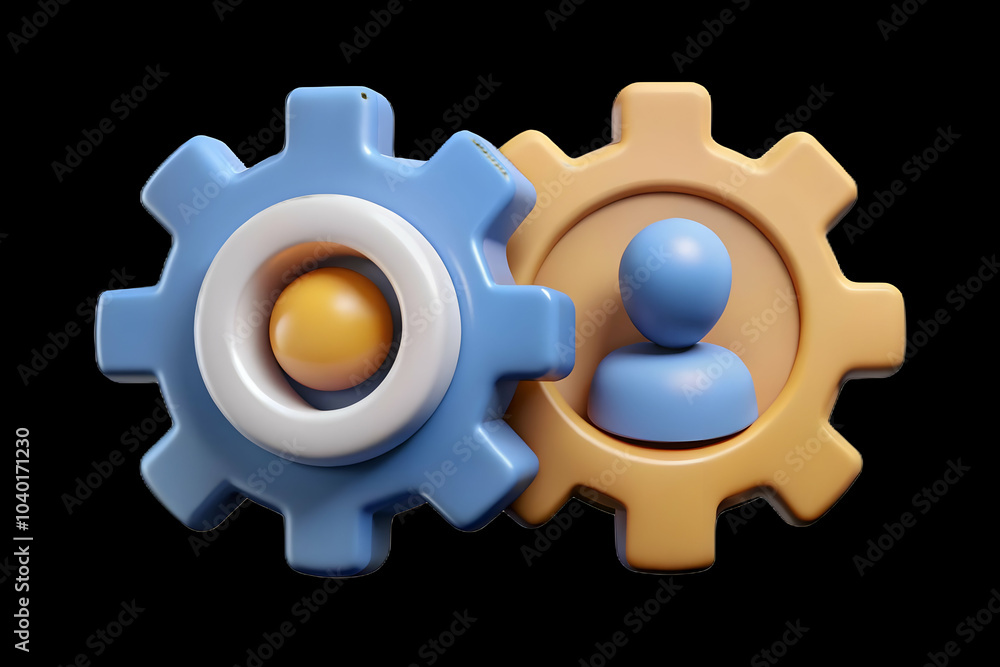 Poster interlocking gears half human half robotic concept image on plain background for seamless human mach
