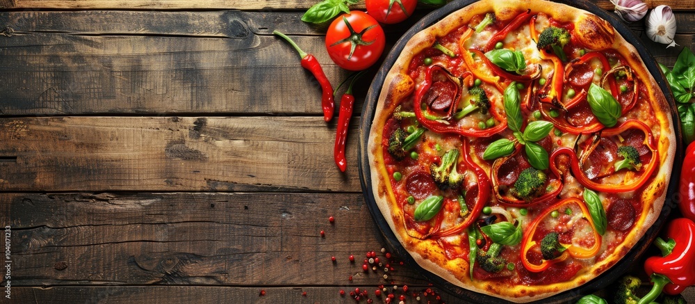 Poster rustic top view image of a pepper baked vegetable snack meal on a table with copy space for text