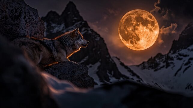 Majestic wolf gazing at full moon in a dark forest during a serene night