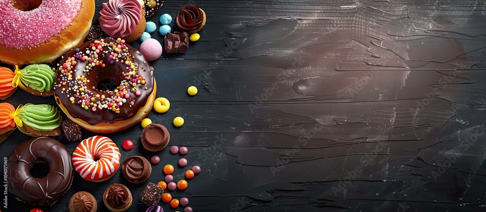 Poster wooden table with a variety of sweets like a chocolate glazed donut and candies on a black chalkboar