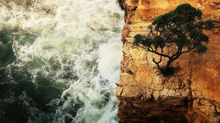 Top view of an African cliffside with crashing waves, leaving room for text in the water