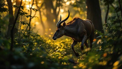 L'antilope, élégante et vive, arpente le sentier verdoyant, chaque pas maîtrisé, en harmonie avec la nature environnante.