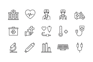 Minimalistic Line Art Medical and Energy Icons Vector Illustration