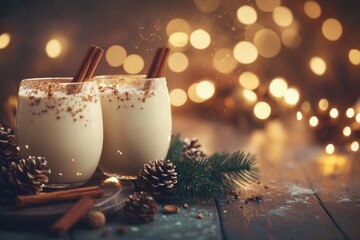 Festive scene of two glasses of creamy eggnog with cinnamon sticks,