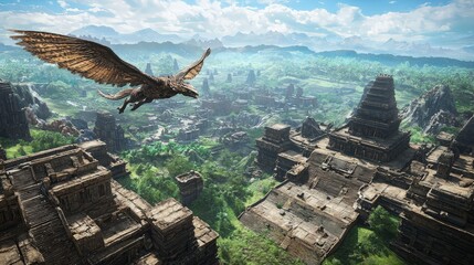Fototapeta premium A mythical creature, resembling a griffin, flies over a vast, ancient city with many structures and lush vegetation.