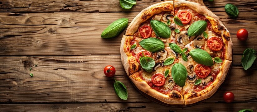 A delicious pizza topped with basil mushrooms and tomato is displayed on a wooden rustic table seen from above leaving room for text in the image. Copy space image. Place for adding text and design