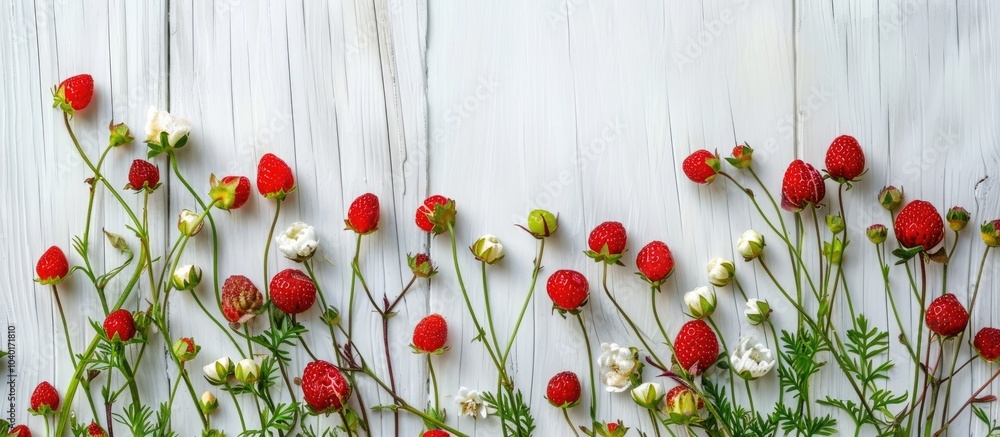 Aufkleber close up of wild strawberries on grass stems arranged on a white wooden table suitable for text plac