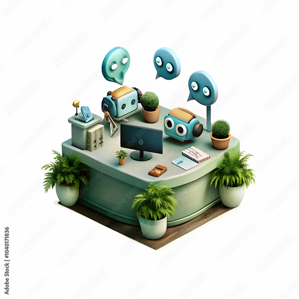 Poster ai chatbot icons floating above customer service desk in office setting - enhance customer support r
