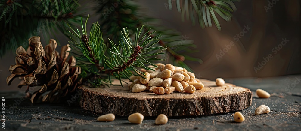 Poster pine nuts arranged on wooden slices with dried leaves and a pine branch against a dark background wi