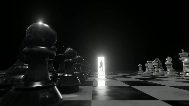 Businessman and giant chess set waiting at mysterious illuminated door 