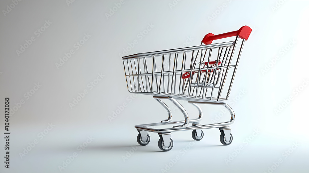 Aufkleber 3D White Backdrop with Metallic Shopping Cart Close-Up | E-Commerce Concept | Generous Copy Space Surrounding 3D Icon | High-Quality Visualization of Shopping Experience