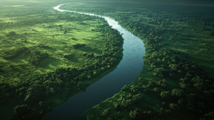 Top view of an African river cutting through a lush green landscape, with space for copy