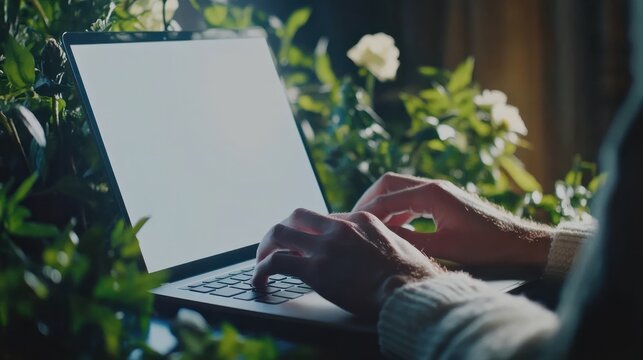 Man's hands typing on laptop computer in a room with indoor green flowers. White blank mock up empty screen display for business websites or services ads. Mock up. Copy space
