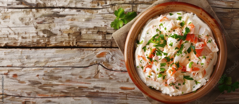 Poster fresh appetizer with cream cheese herbs and crab stick stuffing on a rustic table with a food backgr