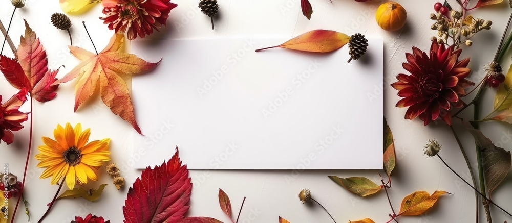 Poster stunning fall arrangement with a blank card in the backdrop of a white surface for copy space image