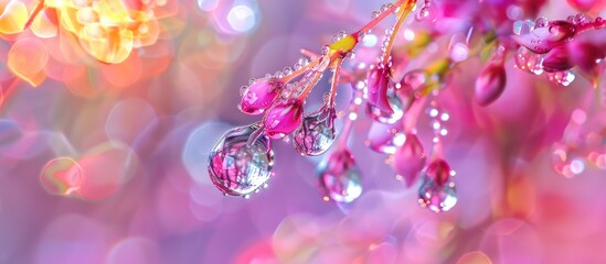 Close up photos of dew drops hanging with reflections result in stunning abstract macro images suitable as backgrounds for copy space image
