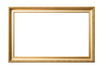 Gold gilt landscape picture frame with an empty blank canvas for use as a border or home décor, png file cut out and isolated on a transparent background, stock illustration image