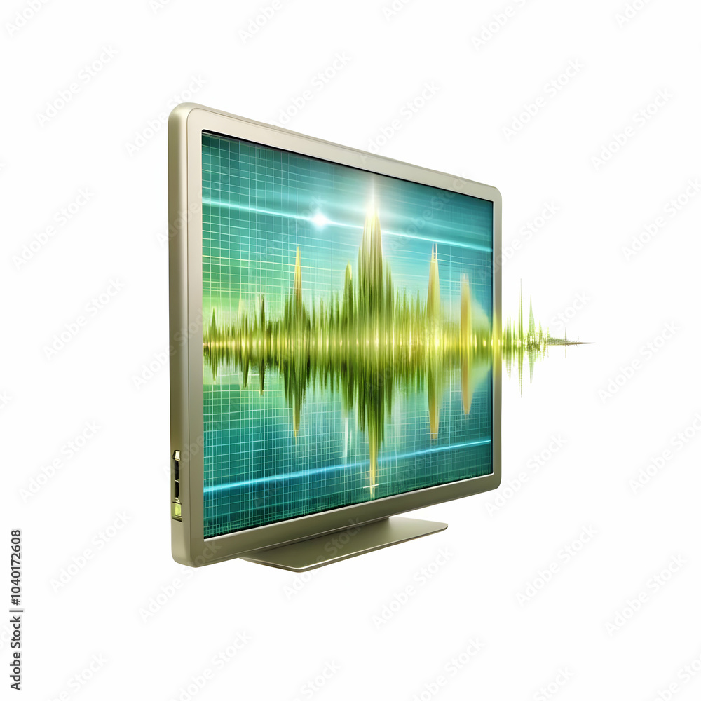 Poster close-up of human voice sound waves merging with digital signals, macro image illustrating fusion of