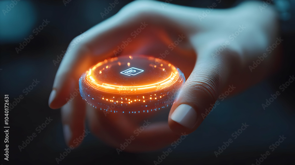 Poster 3d holographic smart ring floating notification icons close-up tracking shot orbiting holographic ic