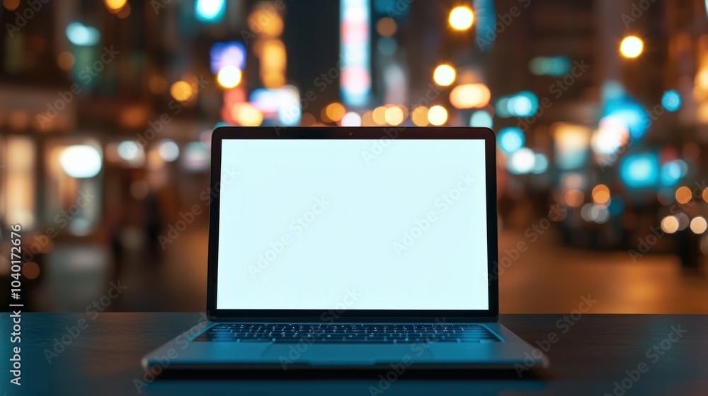 Poster modern laptop with blank screen on a table in a smart city office setting with blurred background
