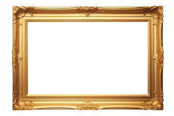 Gold gilt landscape picture frame with an empty blank canvas for use as a border or home décor, png file cut out and isolated on a transparent background, stock illustration image
