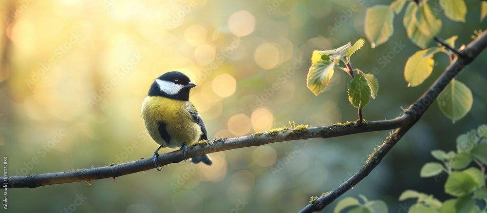 Poster great tit perched on a forest branch in a natural setting creating a wildlife scene with a beautiful