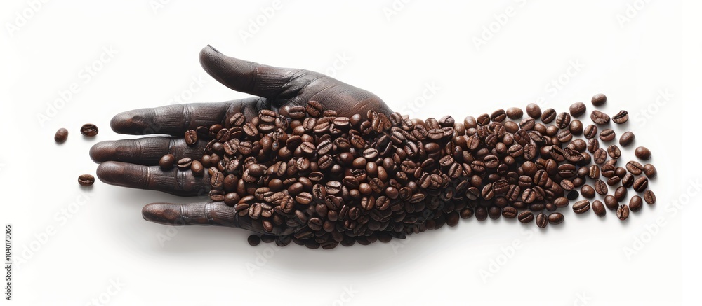Poster a hand crafted from coffee beans is displayed against a white backdrop with copy space image