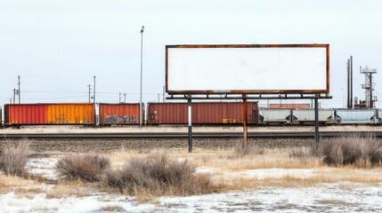 Obraz premium Blank billboard with a white background beside a railroad track, with trains and utility lines in view. Industrial landscape provides a gritty vibe --chaos